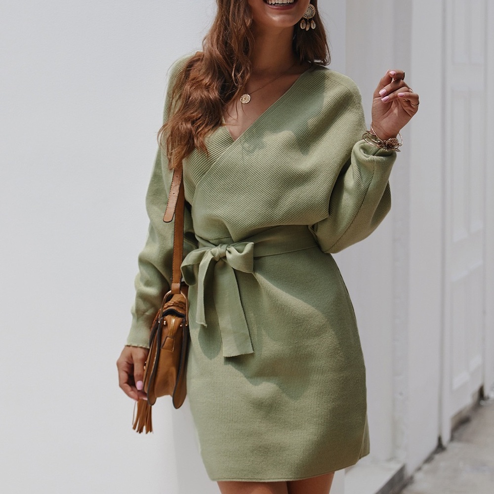 🆕🔥V Neck Tie Belt Sweater Dress Olive - Picture 2 of 7